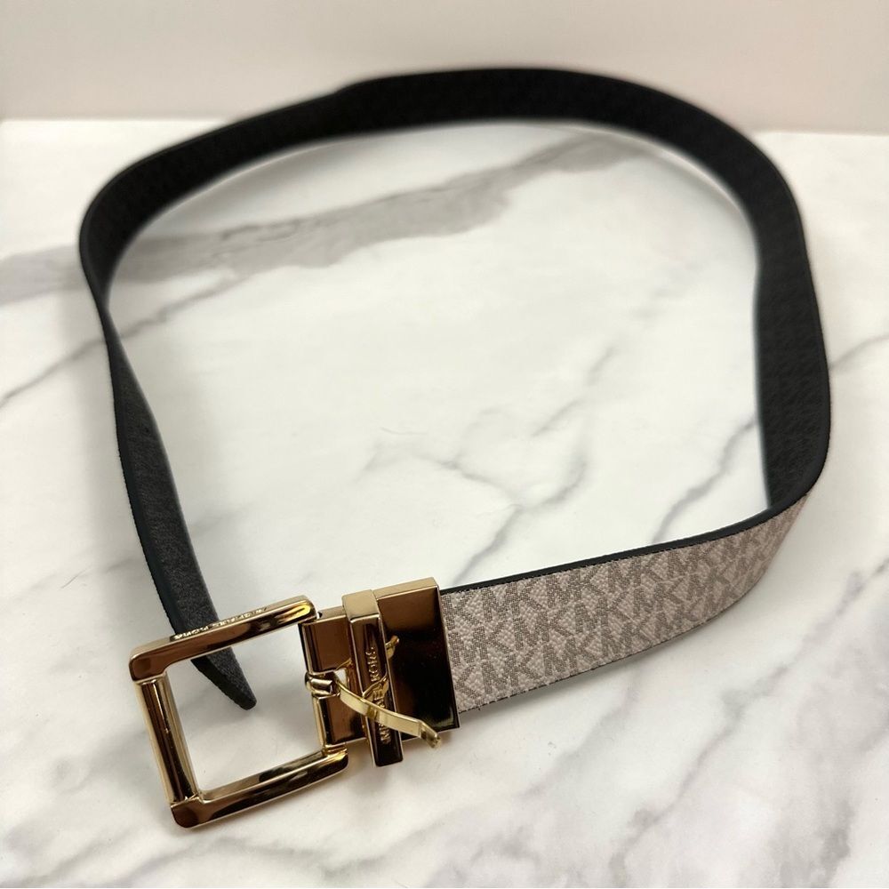 Michael Kors MK Women’s Black Monogrammed Twist Reversible Belt Gold Buckle